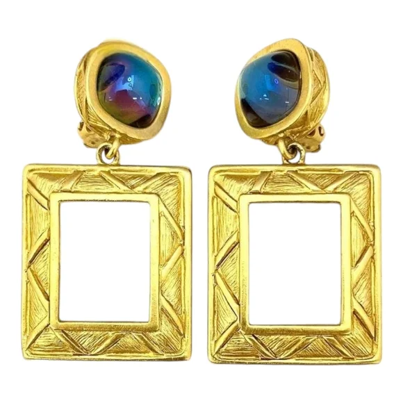 GIVENCHY Modernist Square Open Gold Frame Earrings & Blue Cabochon Stones - Picture 2 of 6